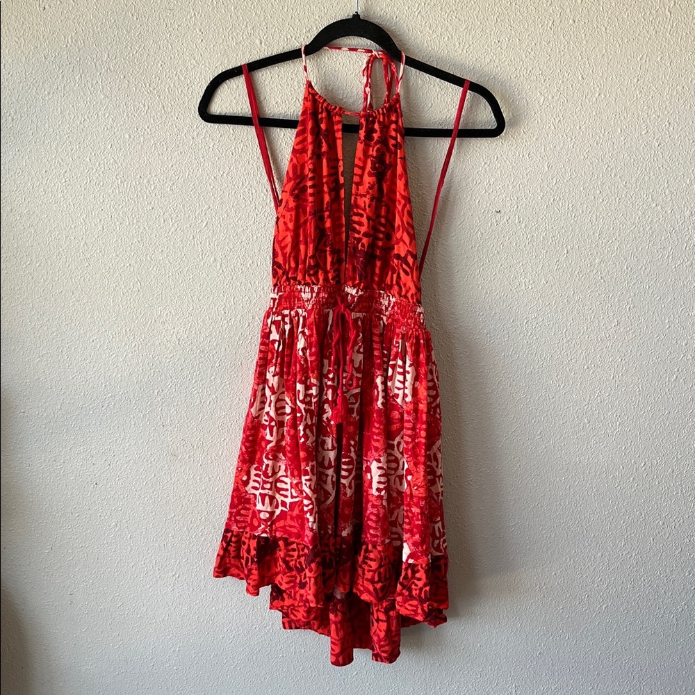 Free People Beach Day Mini Dress Keyhole Front Bare Back Red Geo Print Small